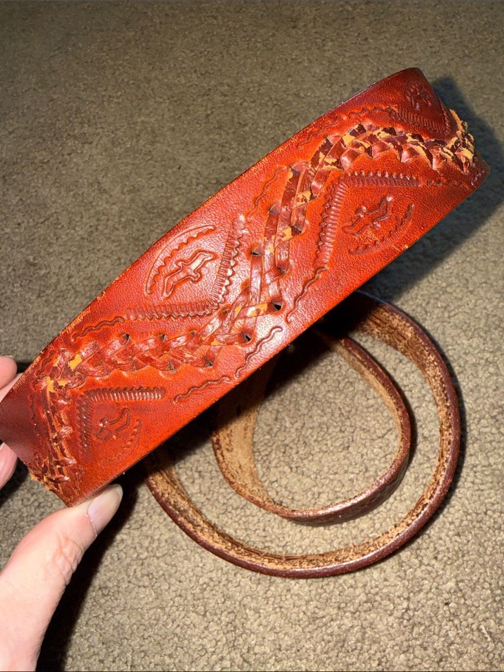 Handcrafted vintage tooled leather belt